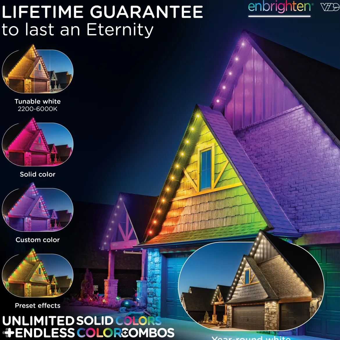 Enbrighten WiFi VIBE Color-Changing Permanent Outdoor Eternity Eave Lights, 108 Lights, 150ft. White
