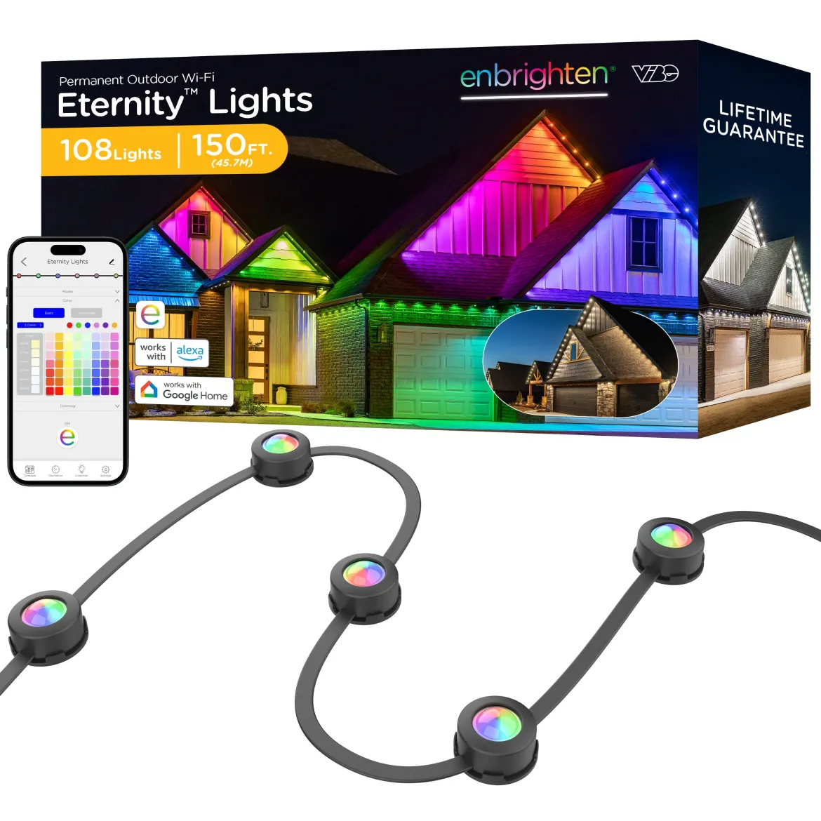 Enbrighten WiFi VIBE Color-Changing Permanent Outdoor Eternity Eave Lights, 108 Lights, 150ft. Black