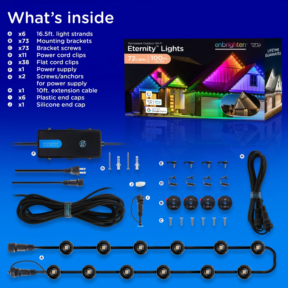 Enbrighten WiFi VIBE Color-Changing Permanent Outdoor Eternity Eave Lights, 72 Lights, 100ft. Black Cord