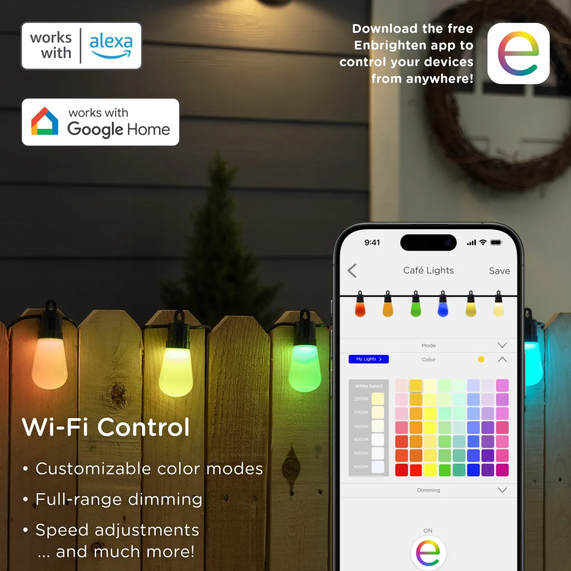 Enbrighten WiFi VIBE Color-Changing Lightweight LED Cafe Lights, 30 Plastic Bulbs, 96ft. Black Cord
