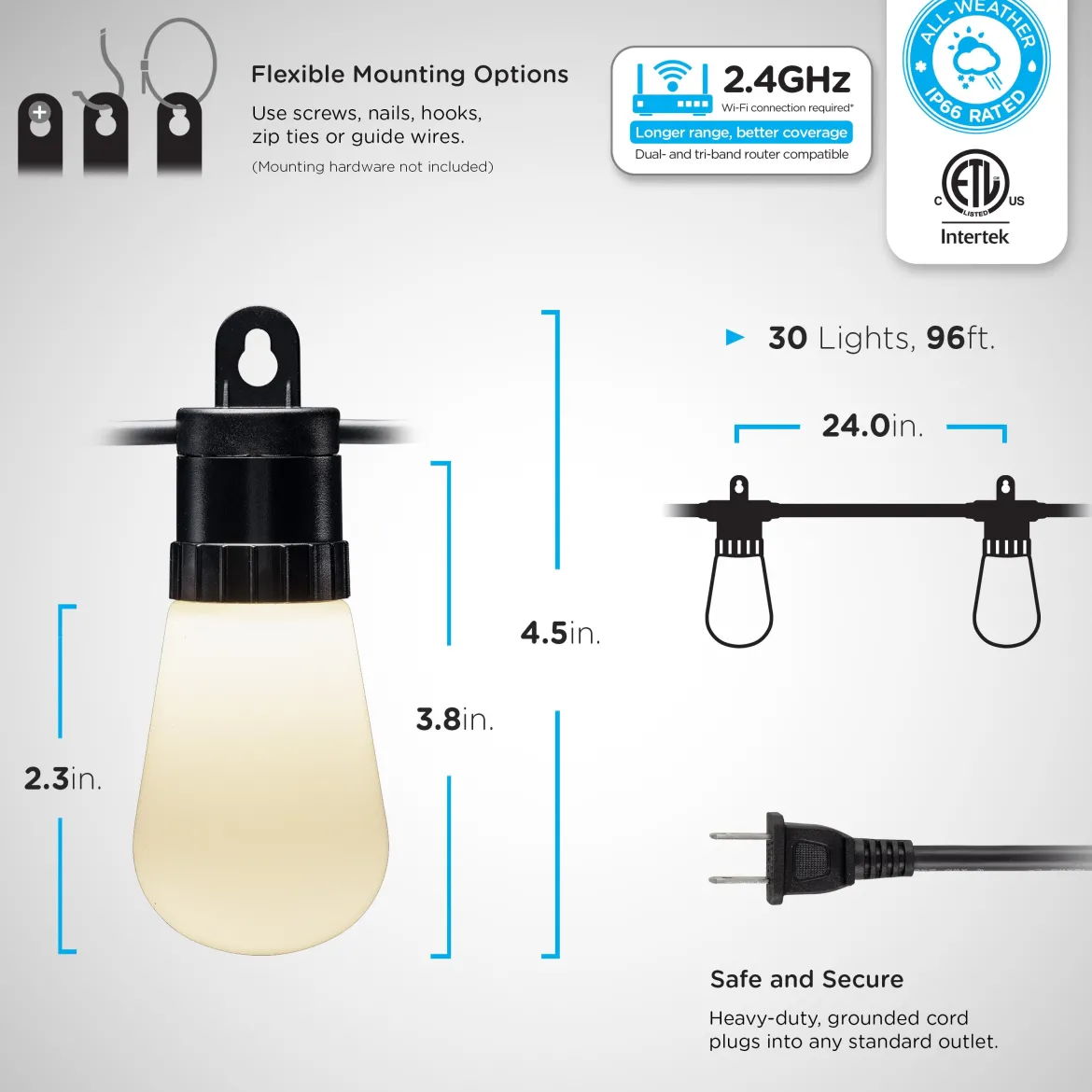 Enbrighten WiFi VIBE Color-Changing Lightweight LED Cafe Lights, 30 Plastic Bulbs, 96ft. Black Cord
