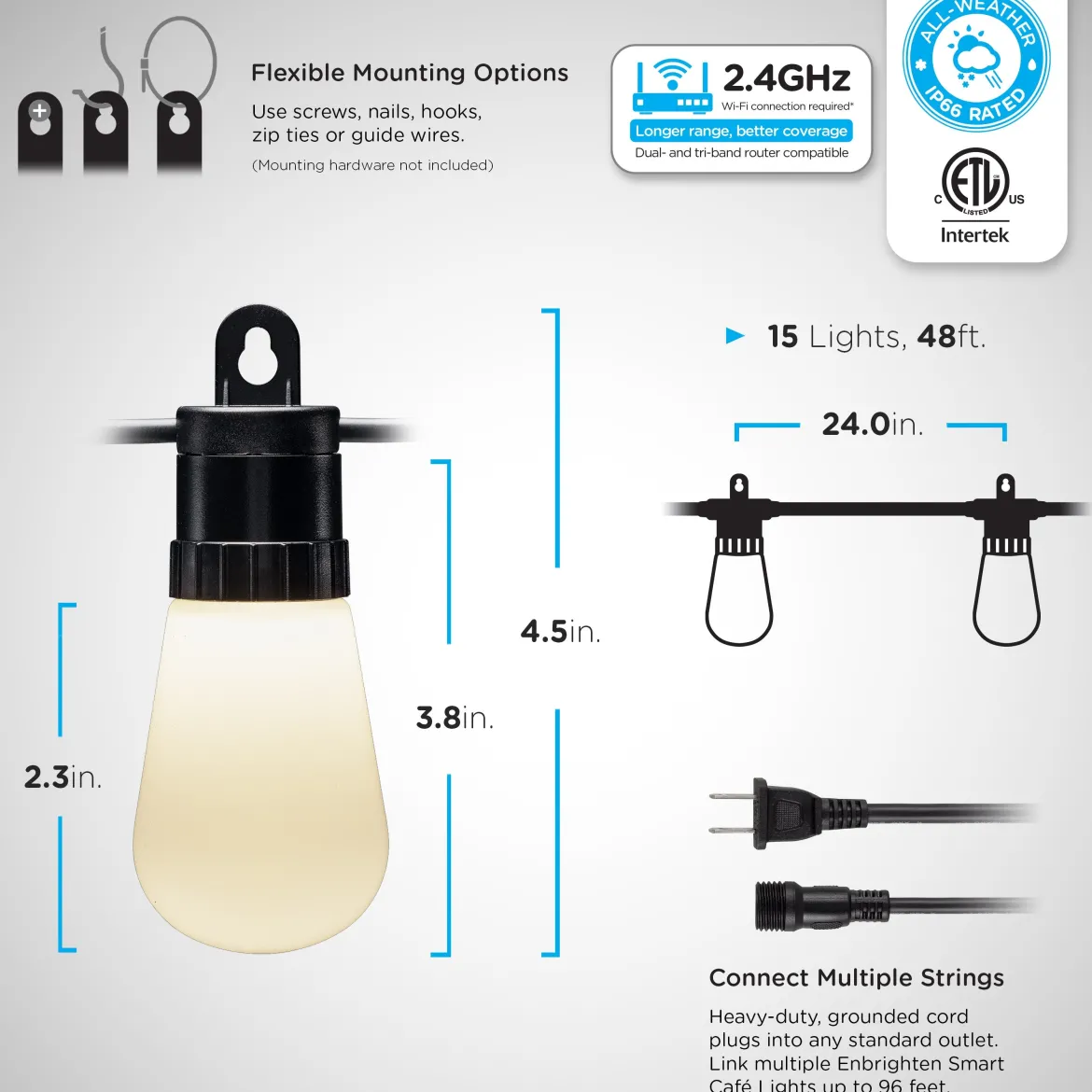 Enbrighten WiFi VIBE Color-Changing Lightweight LED Cafe Lights, 15 Plastic Bulbs, 48ft. Black Cord