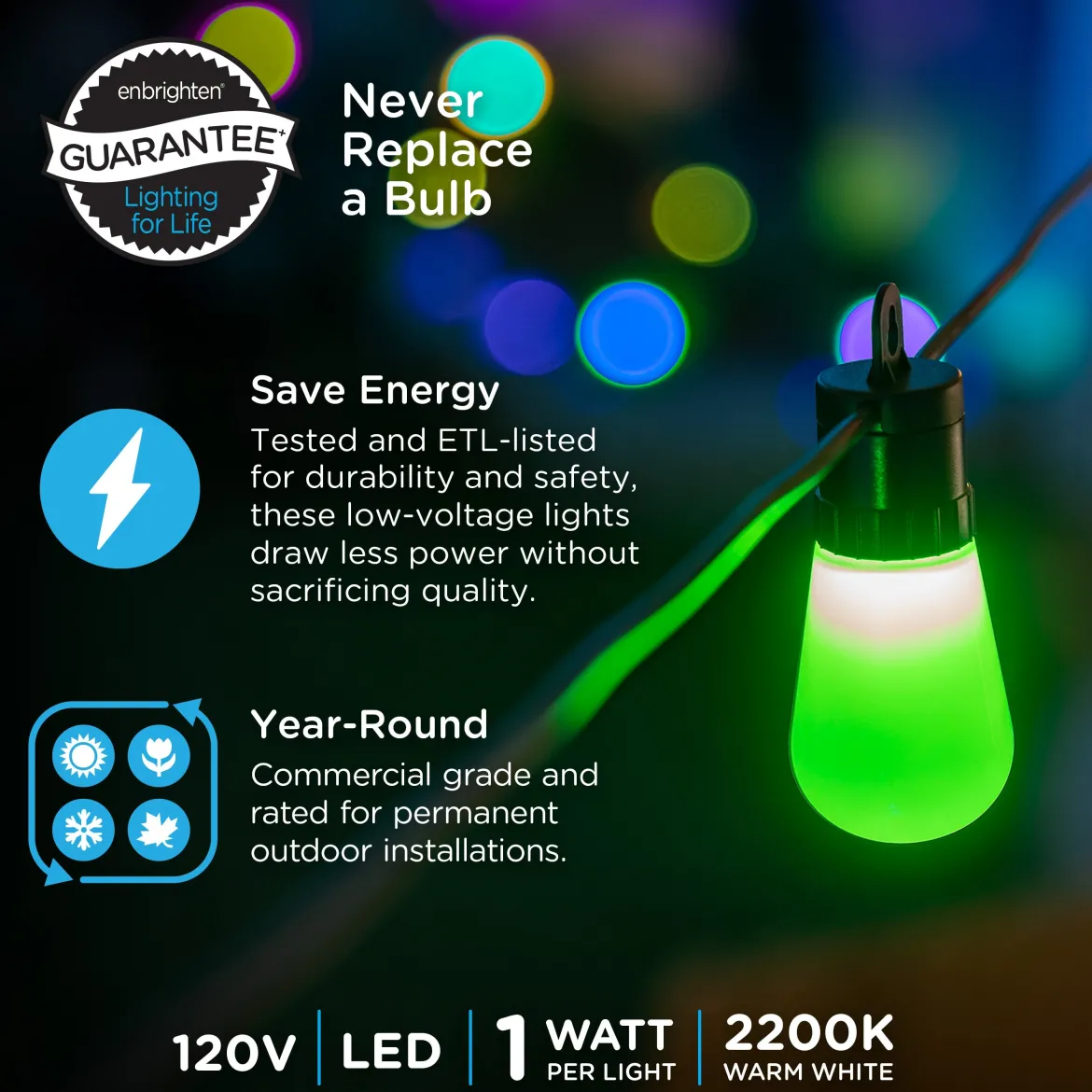 Enbrighten WiFi VIBE Color-Changing Lightweight LED Cafe Lights, 15 Plastic Bulbs, 48ft. Black Cord