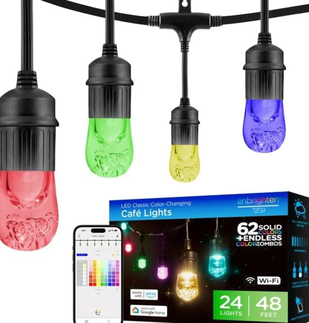 Enbrighten WiFi VIBE Color-Changing Classic LED Cafe Lights, 24 Bulbs, 48ft. Black Cord