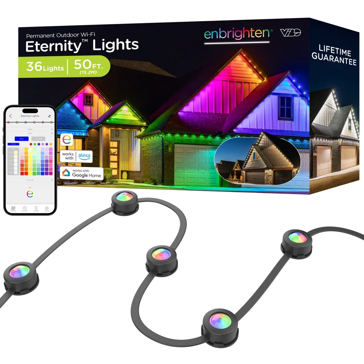 Enbrighten WiFi VIBE Color-Changing Permanent Outdoor Eternity Eave Lights, 36 Lights, 50ft. Black Cord