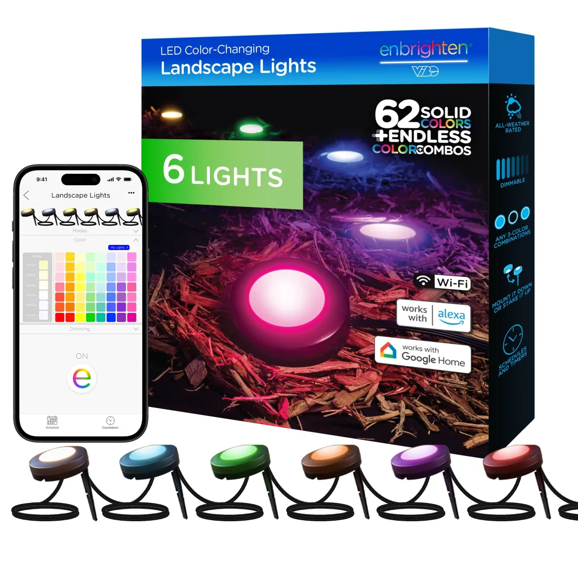 Enbrighten WiFi VIBE Color-Changing LED Landscape Lights, 6 Lights, 50ft. Black Cord