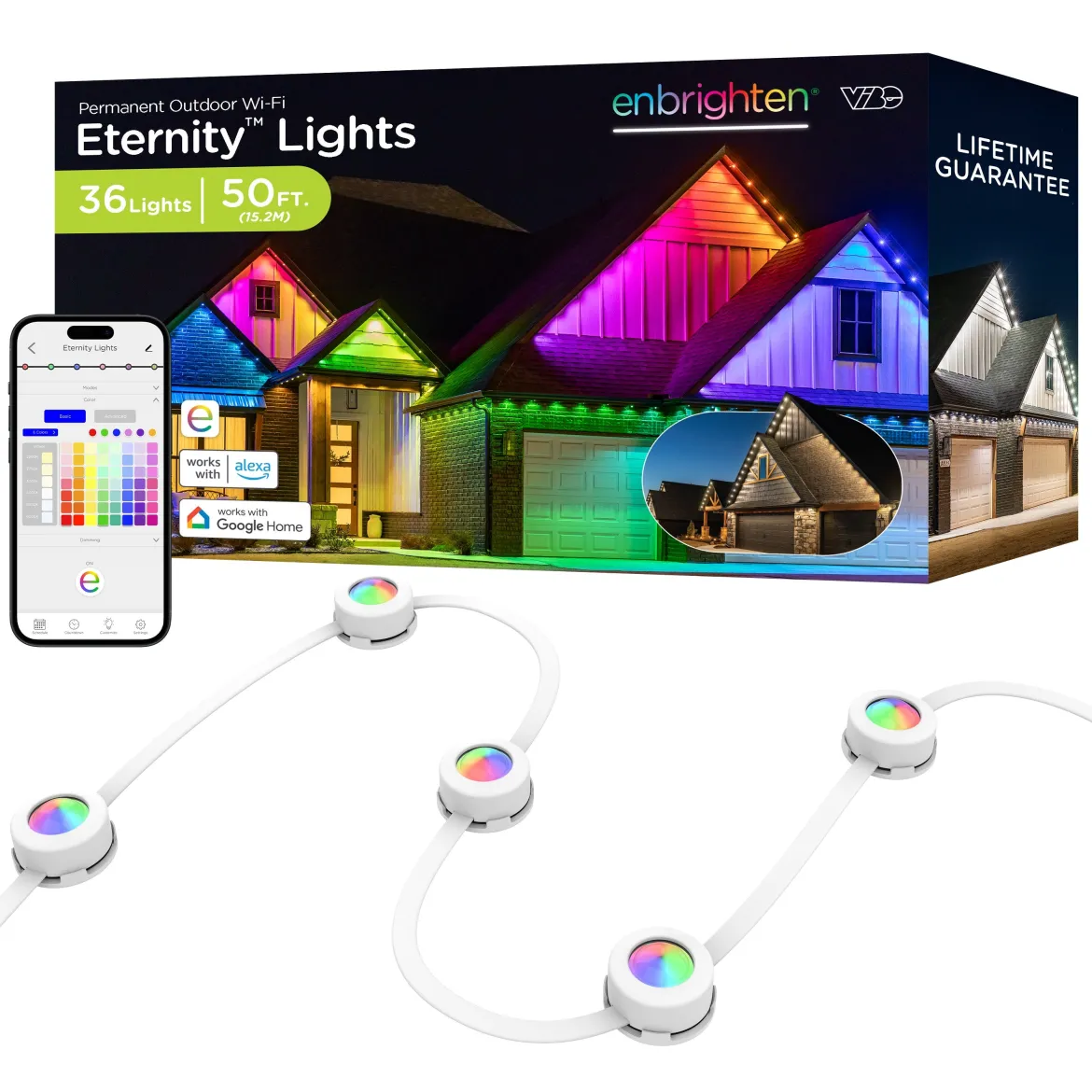 Enbrighten WiFi VIBE Color-Changing Permanent Outdoor Eternity Eave Lights, 36 Lights, 50ft. White Cord