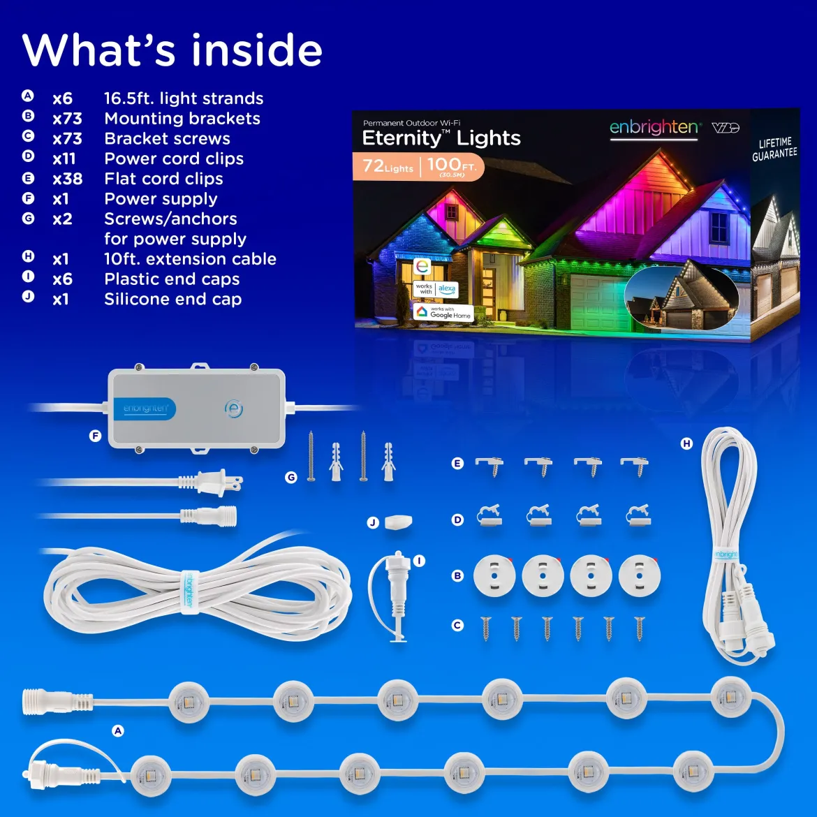 Enbrighten WiFi VIBE Color-Changing Permanent Outdoor Eternity Eave Lights, 72 Lights, 100ft. White Cord