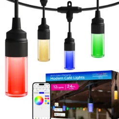Enbrighten WiFi VIBE Modern Color-Changing LED Cafe Lights, 12 Bulbs, 24ft. Black Cord