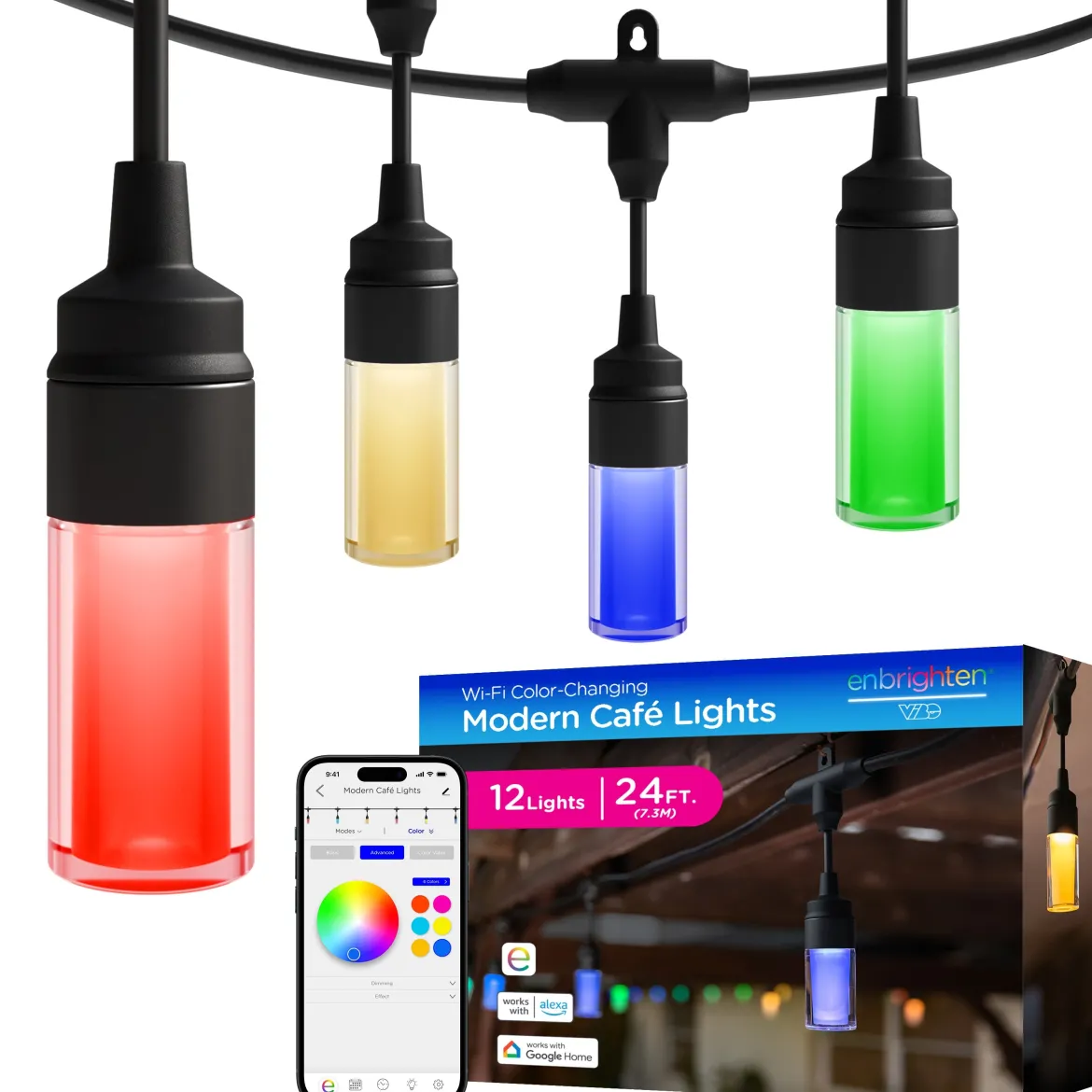 Enbrighten WiFi VIBE Modern Color-Changing LED Cafe Lights, 12 Bulbs, 24ft. Black Cord