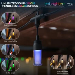 Enbrighten WiFi VIBE Modern Color-Changing LED Cafe Lights, 24 Bulbs, 48ft. Black Cord