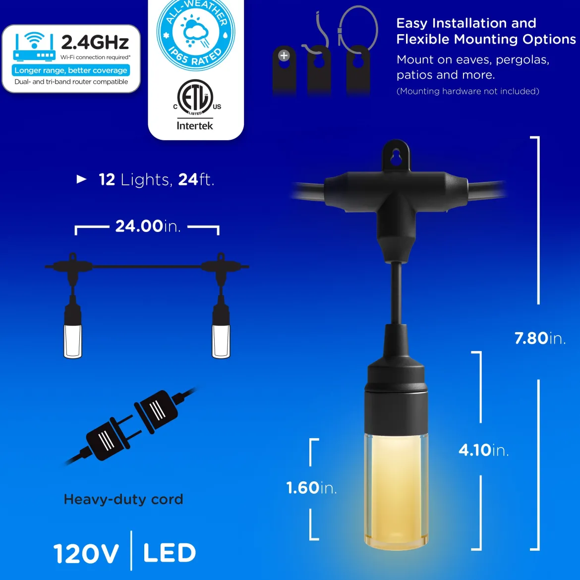 Enbrighten WiFi VIBE Modern Color-Changing LED Cafe Lights, 24 Bulbs, 48ft. Black Cord