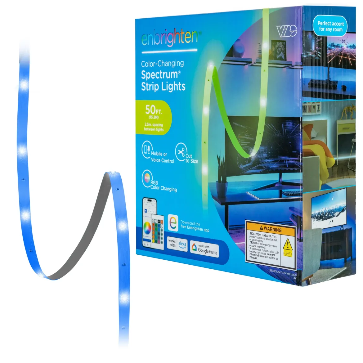 Enbrighten WiFi VIBE Spectrum Indoor Color-Changing LED Strip Lights, 50ft.