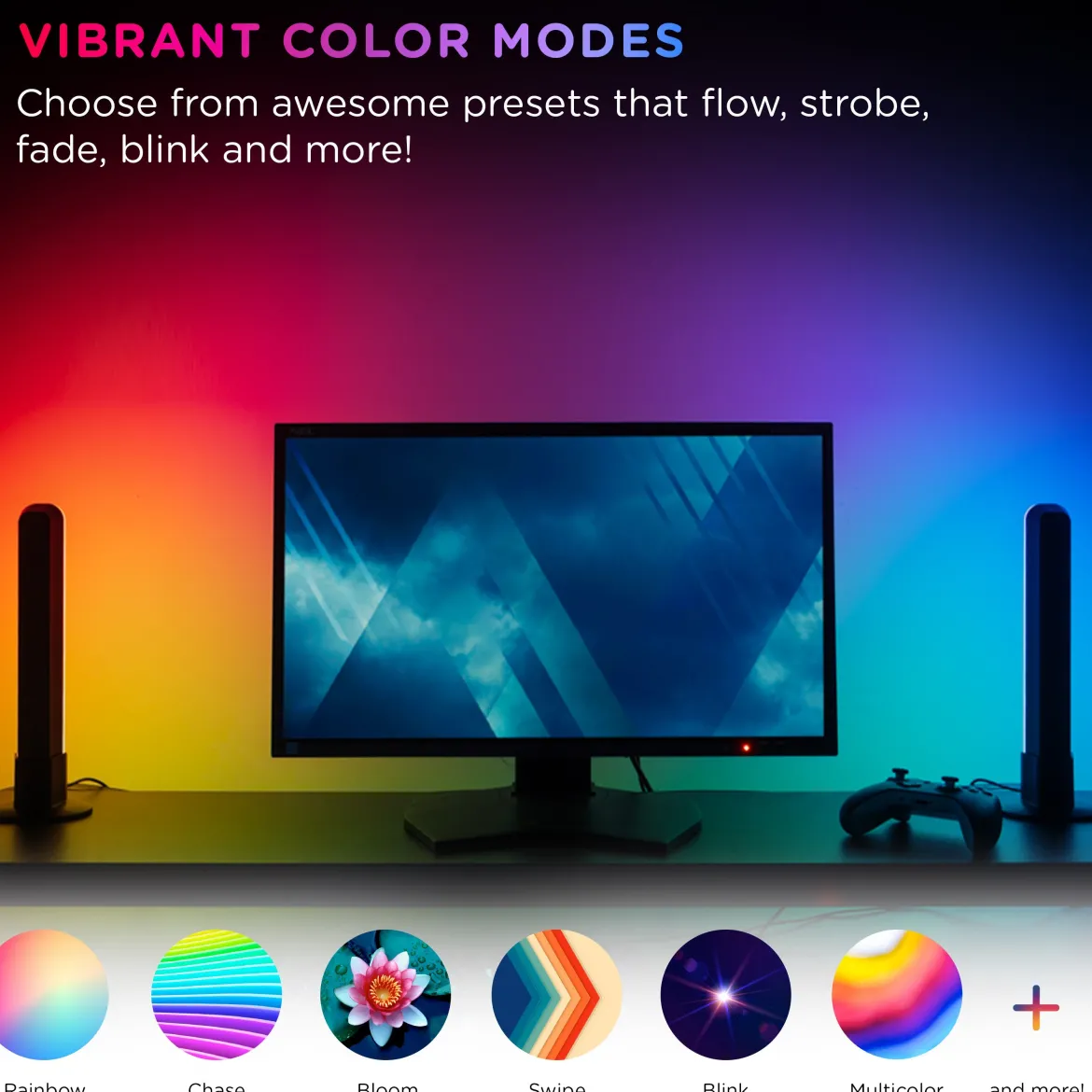 Enbrighten WiFi VIBE USB-Powered LED Color-Changing Gaming Light Bars, 2 Pack, Black
