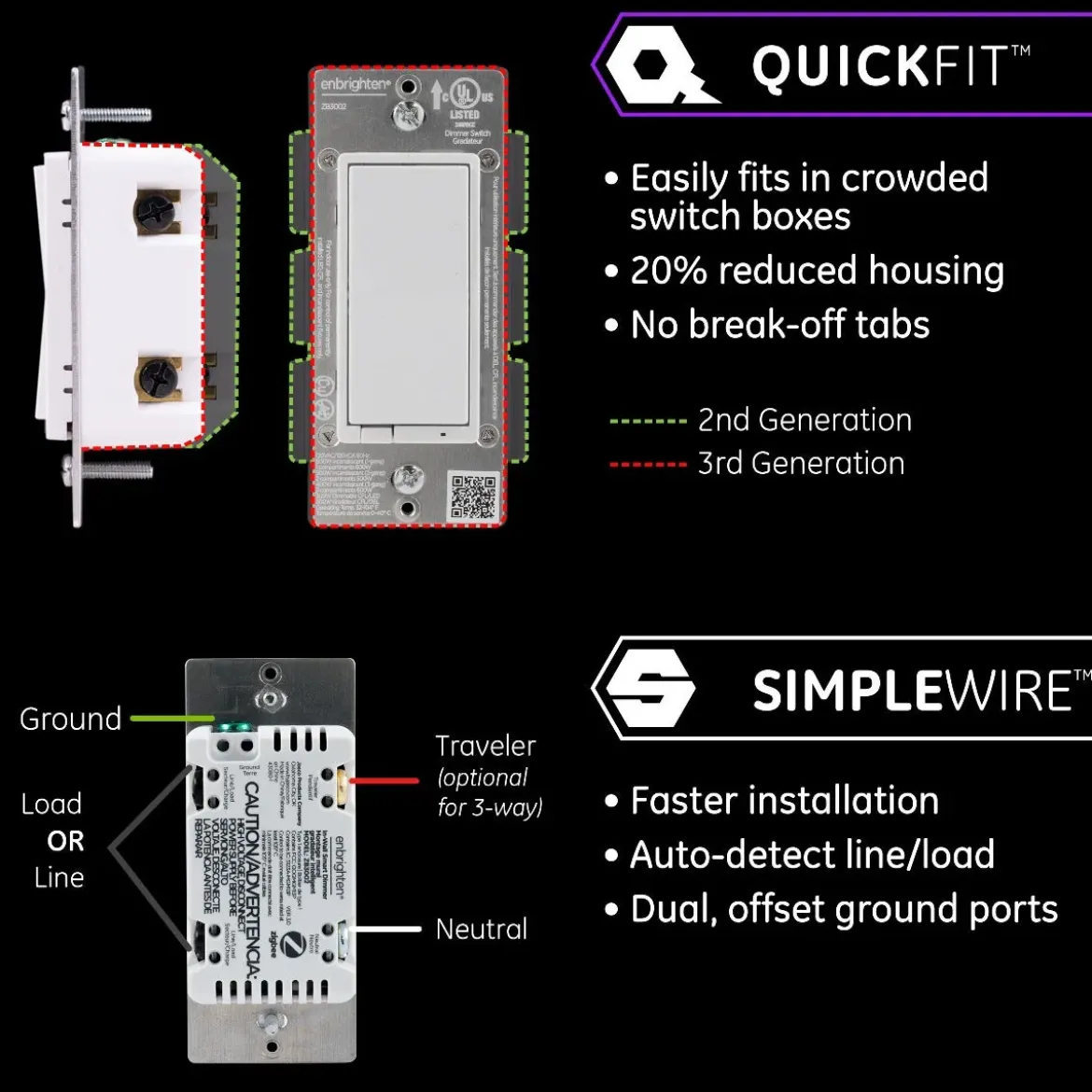 Enbrighten Zigbee In-Wall Smart Dimmer with QuickFit™ and SimpleWire™, White/Almond