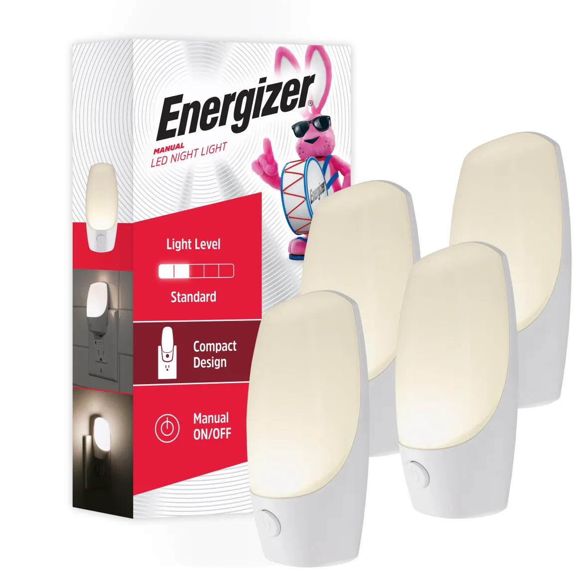Energizer Manual Button Night Light, 4 Pack, White