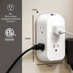 GE 6-AC Wall Tap w/ Resettable Circuit Breaker, White, 2pk
