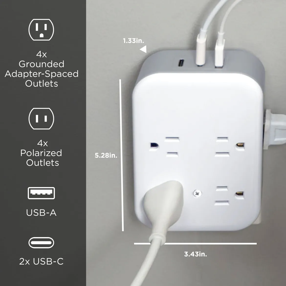 GE All-in-One Surge Protector Wall Tap, 8 Outlets (4 Grounded + 4 Polarized), 2 USB-C & 1 USB-A, 15W Shared, White/Gray