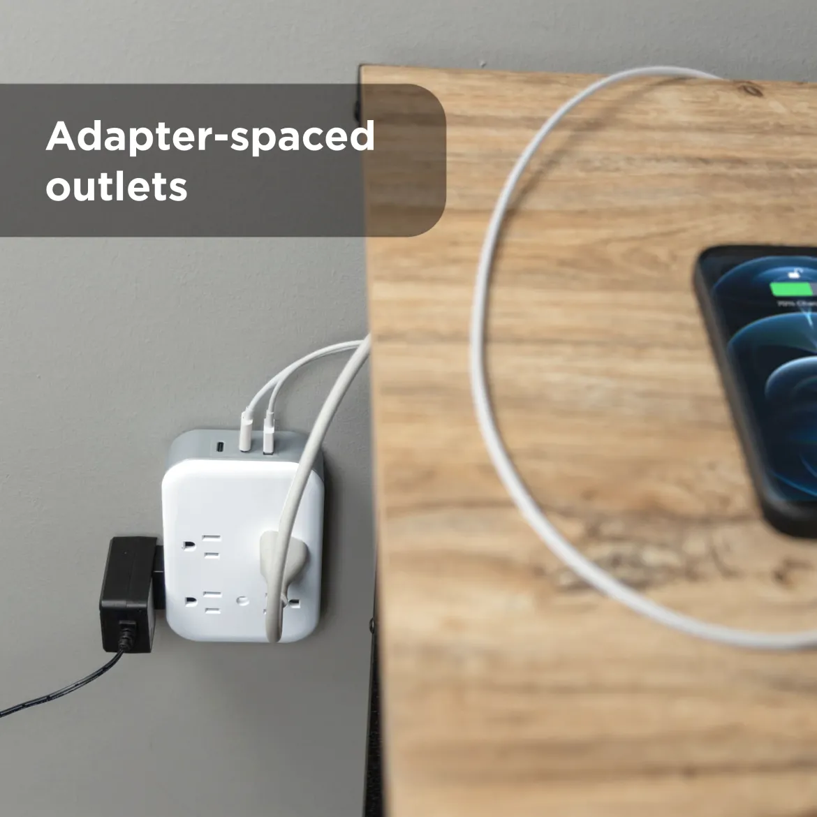 GE All-in-One Surge Protector Wall Tap, 8 Outlets (4 Grounded + 4 Polarized), 2 USB-C & 1 USB-A, 15W Shared, White/Gray