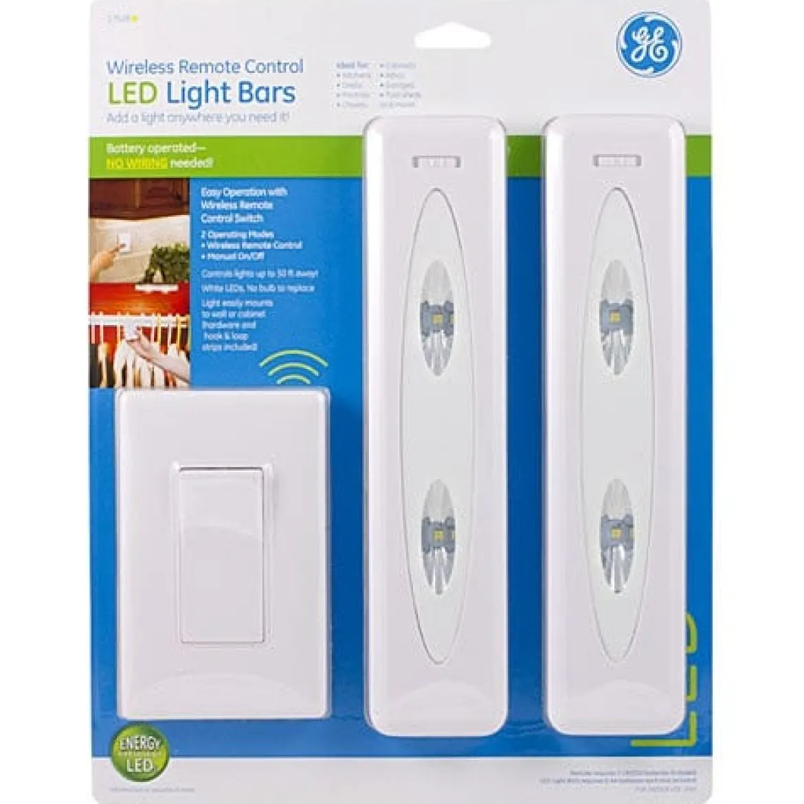GE Battery Operated LED Light Bars with Remote, White, 2 Pack