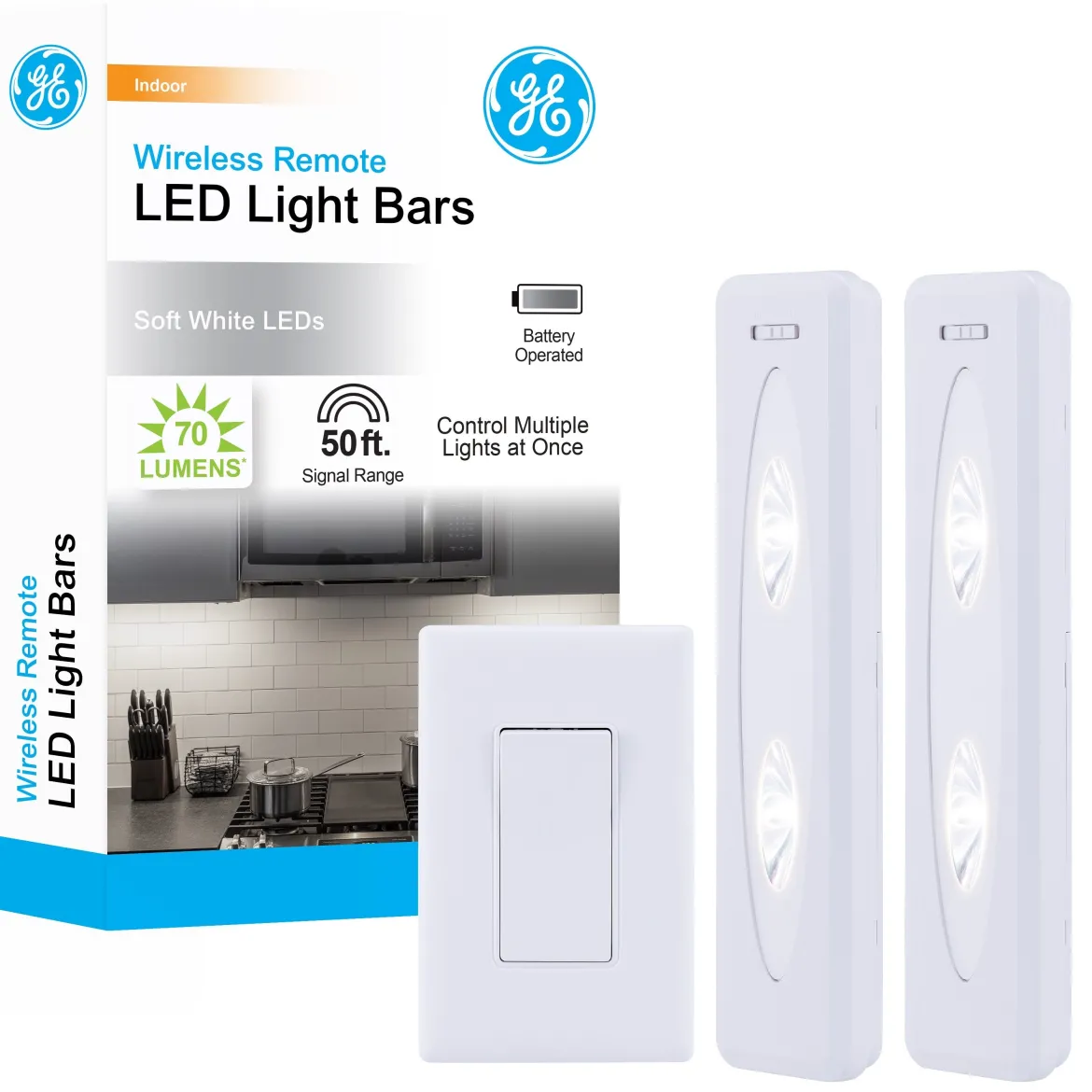 GE Battery Operated LED Light Bars with Remote, White, 2 Pack