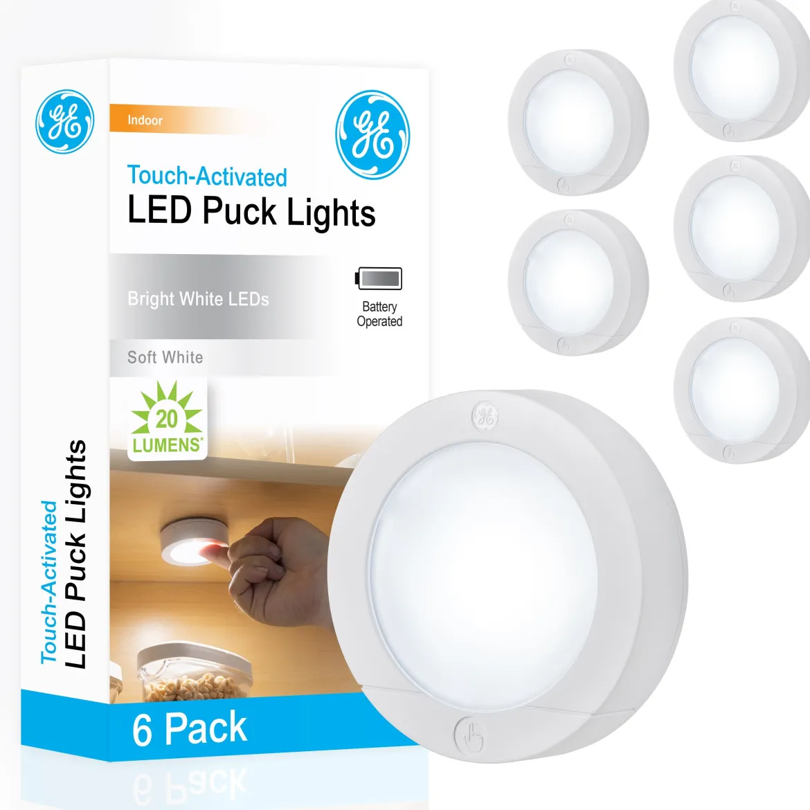 GE Battery Operated LED Puck Light, 6 Pack, White