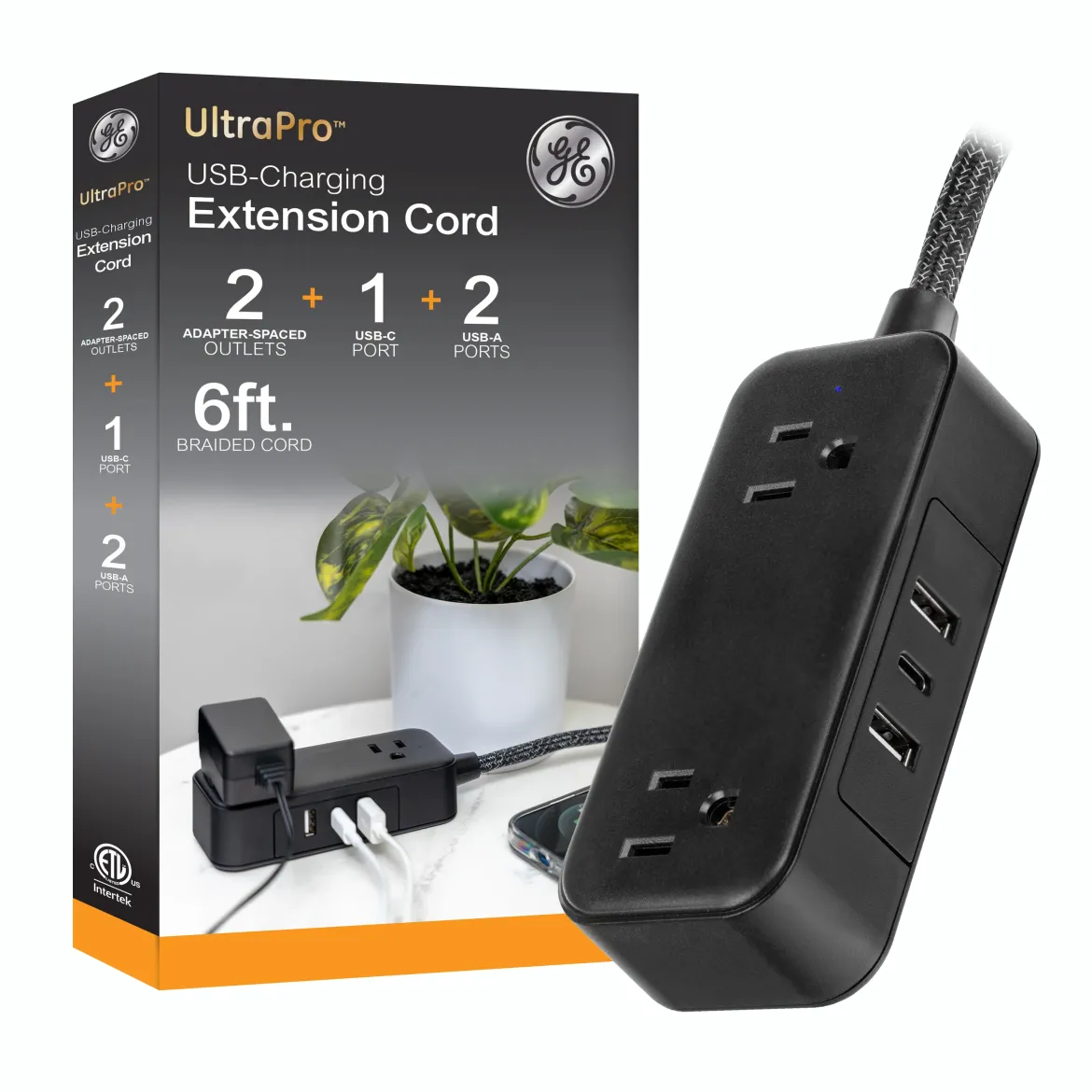 GE-branded Extension Cord with USB Charging 2 USB-A, 1 USB-C, 2 outlets, 6ft. Braided Cord, Black/Gray