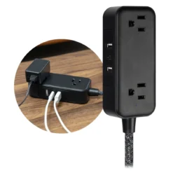 GE-branded Extension Cord with USB Charging 2 USB-A, 1 USB-C, 2 outlets, 6ft. Braided Cord, Black/Gray