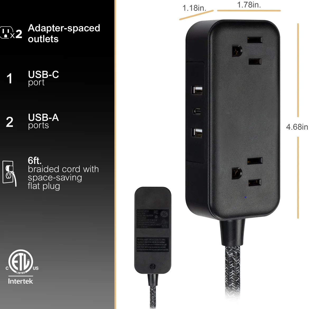 GE-branded Extension Cord with USB Charging 2 USB-A, 1 USB-C, 2 outlets, 6ft. Braided Cord, Black/Gray