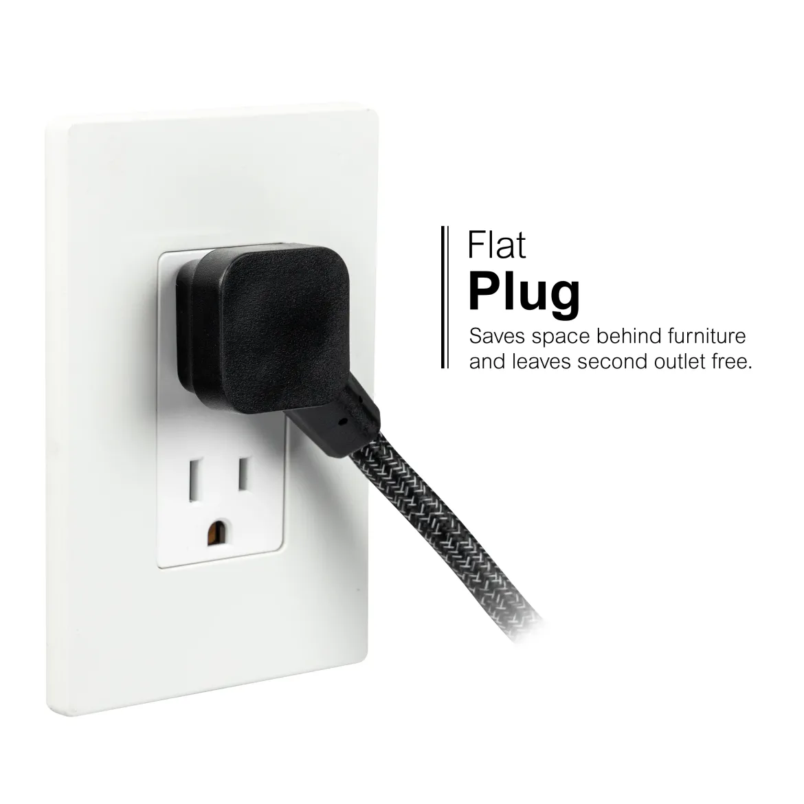 GE-branded Extension Cord with USB Charging 2 USB-A, 1 USB-C, 2 outlets, 6ft. Braided Cord, Black/Gray
