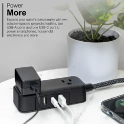 GE-branded Extension Cord with USB Charging 2 USB-A, 1 USB-C, 2 outlets, 6ft. Braided Cord, Black/Gray