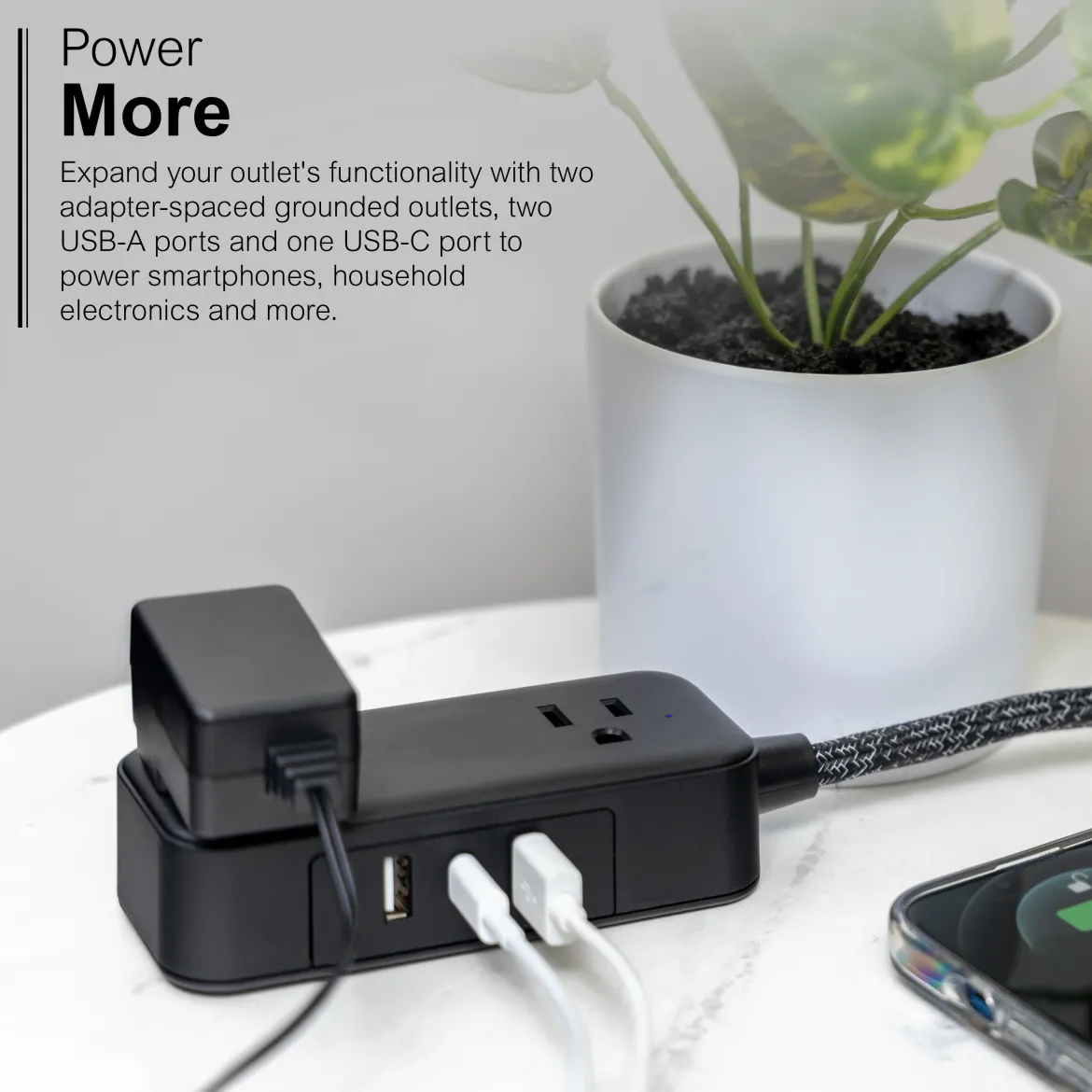 GE-branded Extension Cord with USB Charging 2 USB-A, 1 USB-C, 2 outlets, 6ft. Braided Cord, Black/Gray