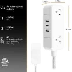 GE-branded Extension Cord with USB Charging 2 USB-A, 1 USB-C, 2 outlets, 6ft. Braided Cord, White/Gray