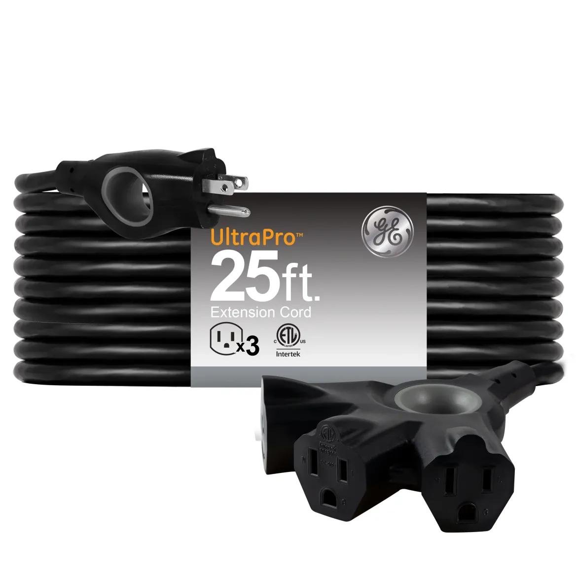GE-branded 3-Outlet EZGrip Grounded Extension Cord, 25ft., Indoor/Outdoor, Black