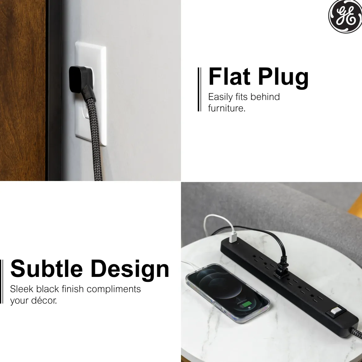 GE-branded 6-Outlet Power Strip with USB, 1 USB-A, 1 USB-C, 6ft., Black