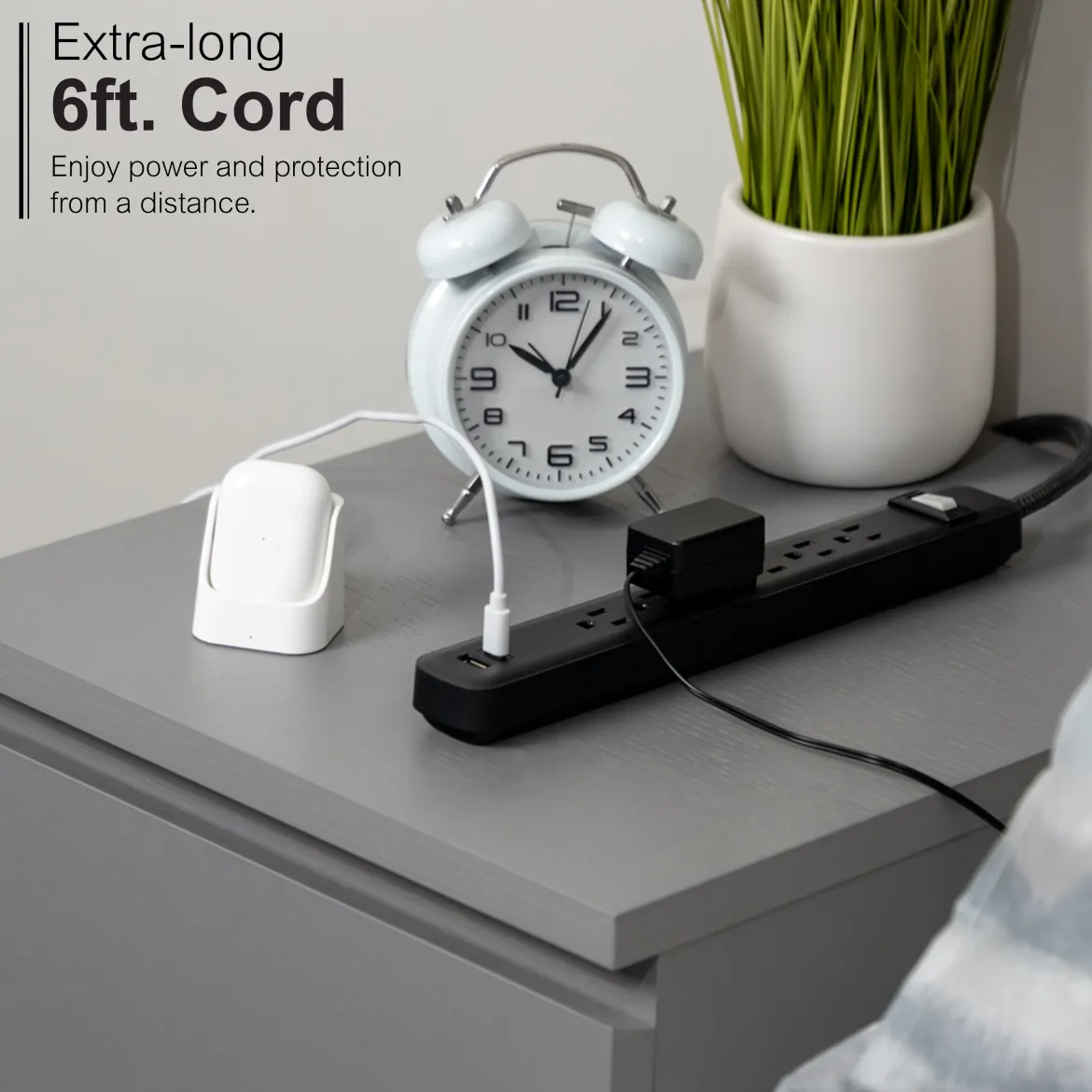 GE-branded 6-Outlet Power Strip with USB, 1 USB-A, 1 USB-C, 6ft., Black
