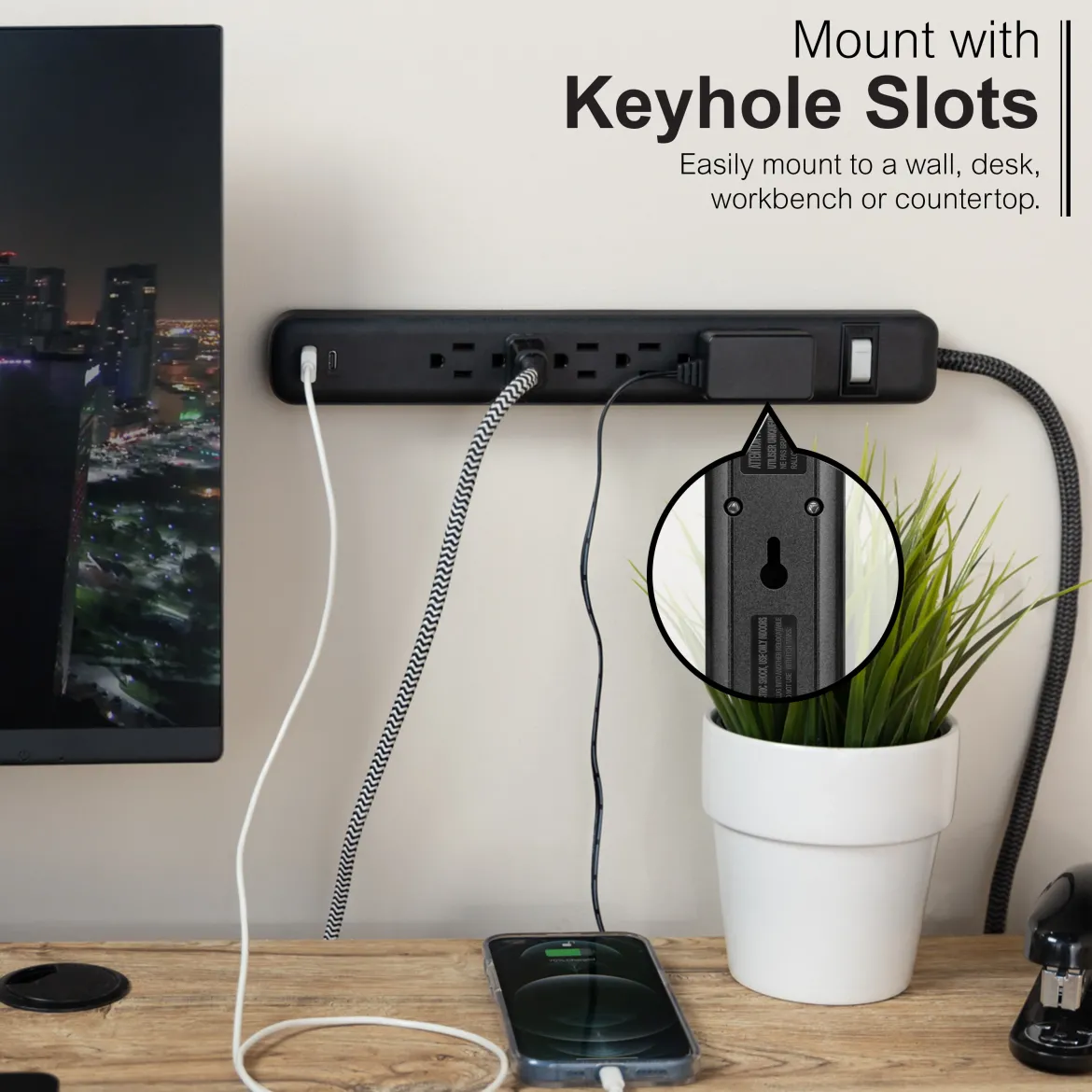 GE-branded 6-Outlet Power Strip with USB, 1 USB-A, 1 USB-C, 6ft., Black