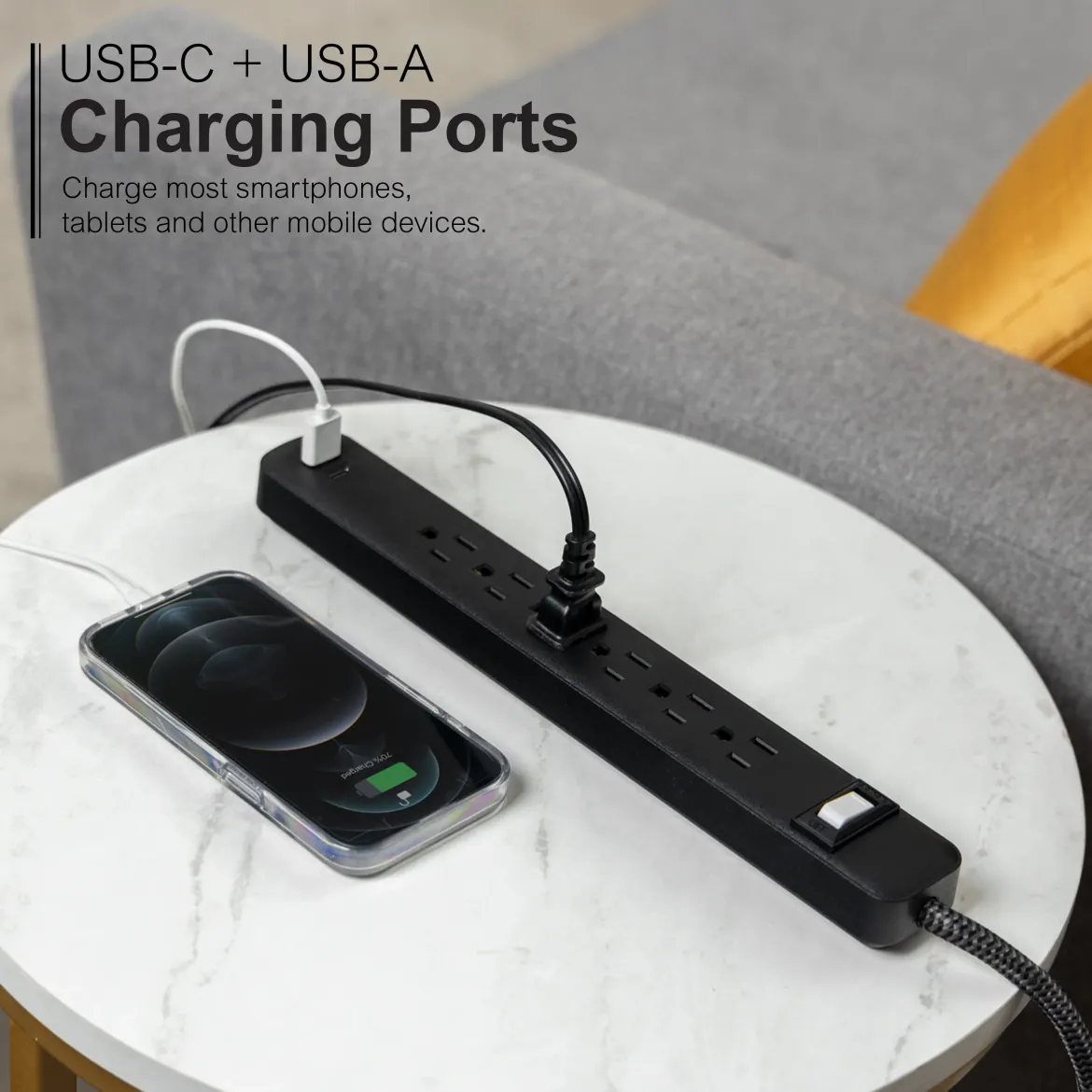 GE-branded 6-Outlet Power Strip with USB, 1 USB-A, 1 USB-C, 6ft., Black