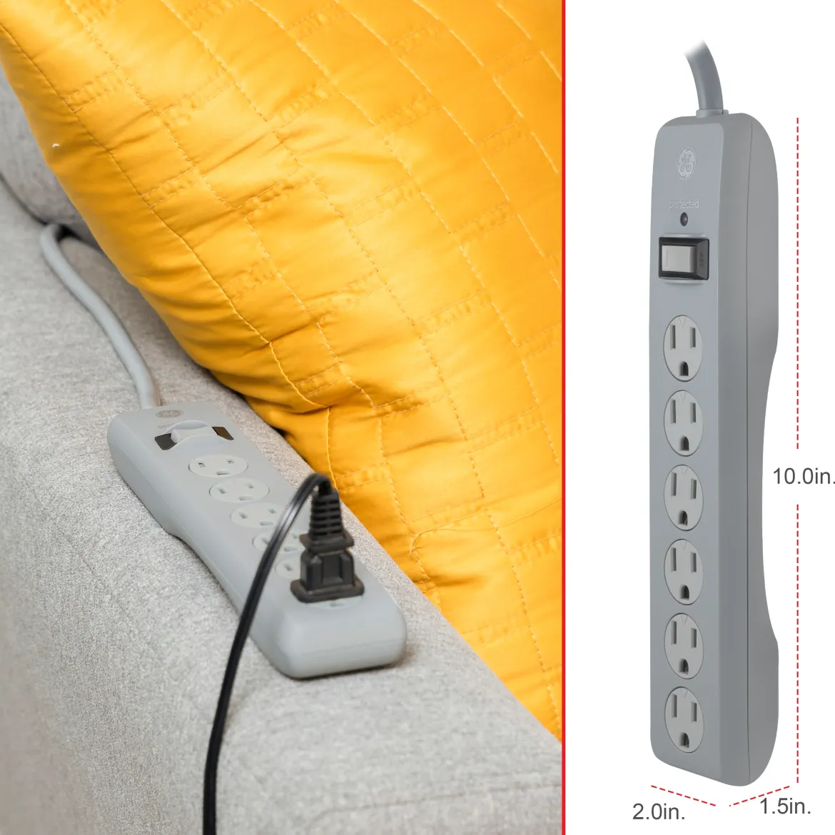 GE-branded 6-Outlet Surge Protector, Gray, 25ft. Cord