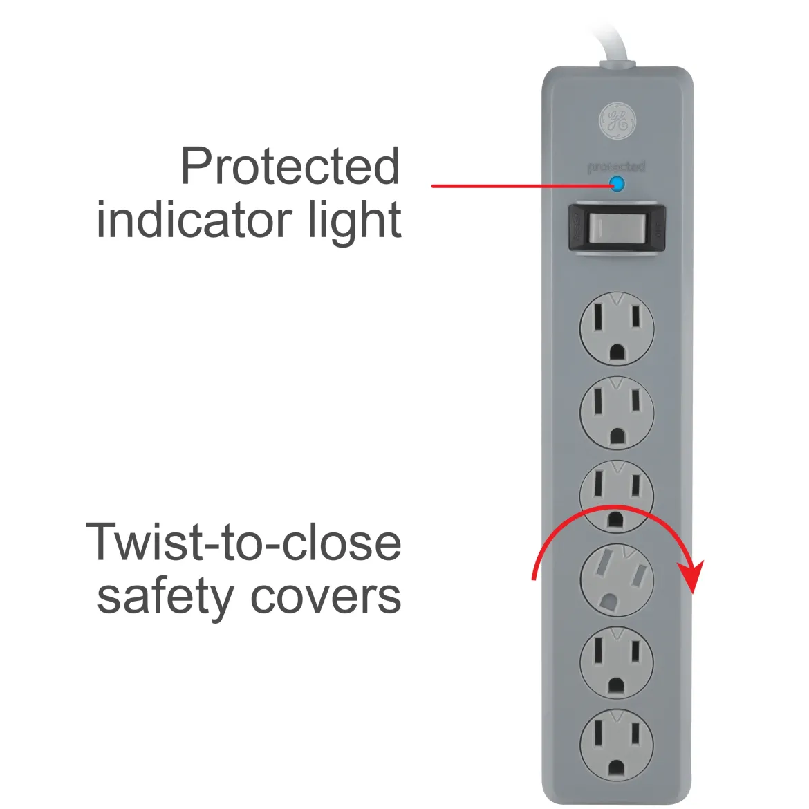 GE-branded 6-Outlet Surge Protector, Gray, 25ft. Cord