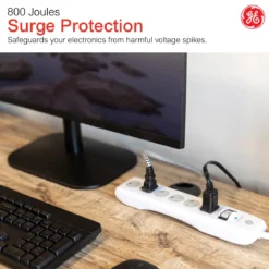 GE-branded 6-Outlet Surge Protector, 800J, 8ft. Cord, Safety Covers, White