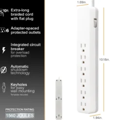 GE-branded 6-Outlet Surge Protector, 1560J, 10ft. White
