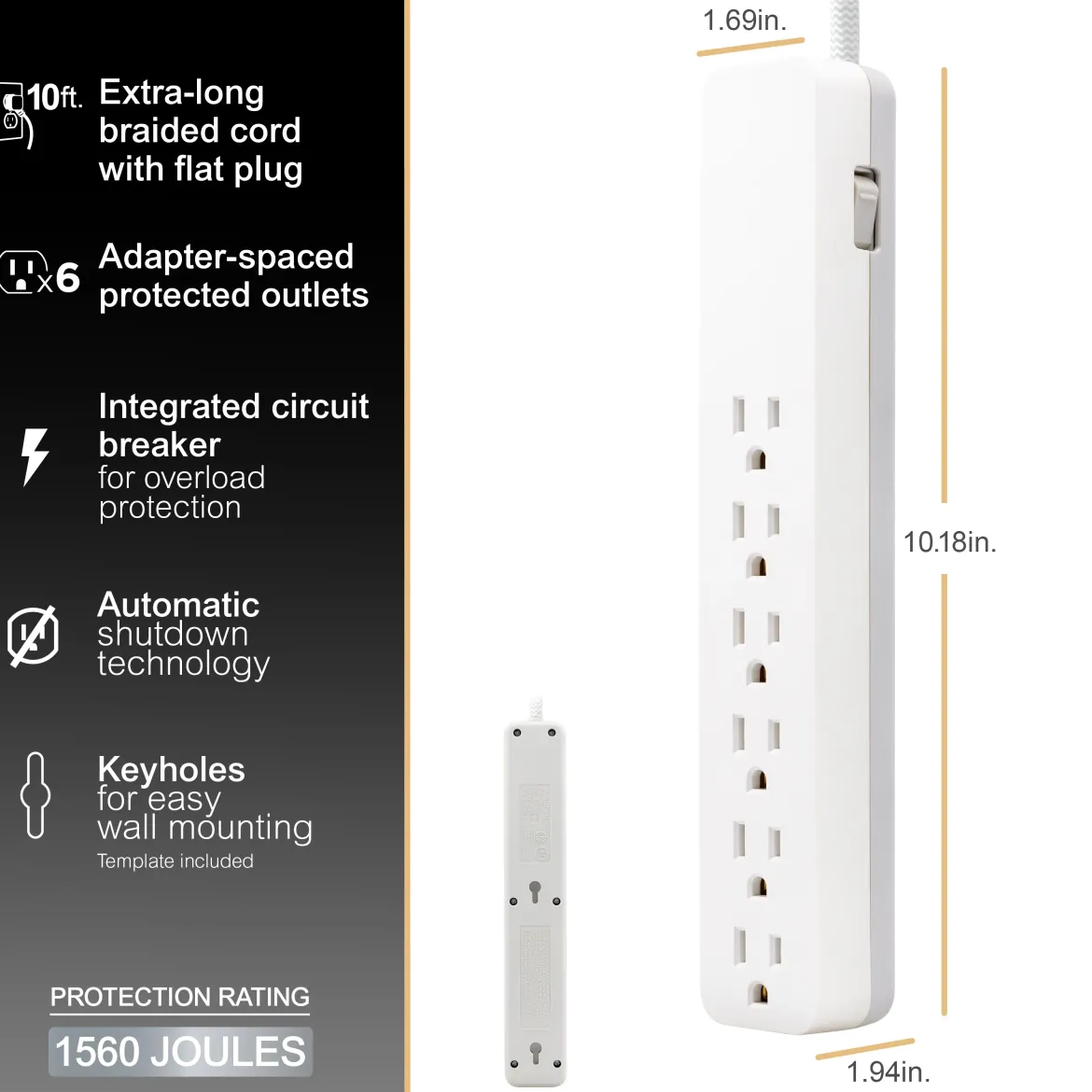 GE-branded 6-Outlet Surge Protector, 1560J, 10ft. White