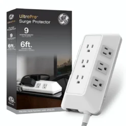 GE-branded 9-Outlet Surge Protector, 2480J, 6ft. Braided Cord, White