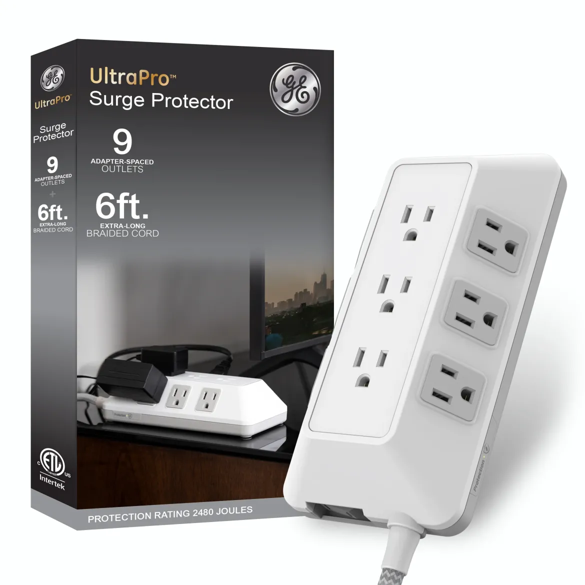 GE-branded 9-Outlet Surge Protector, 2480J, 6ft. Braided Cord, White