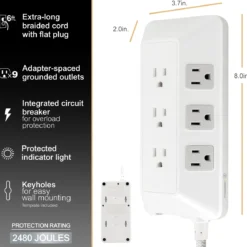 GE-branded 9-Outlet Surge Protector, 2480J, 6ft. Braided Cord, White