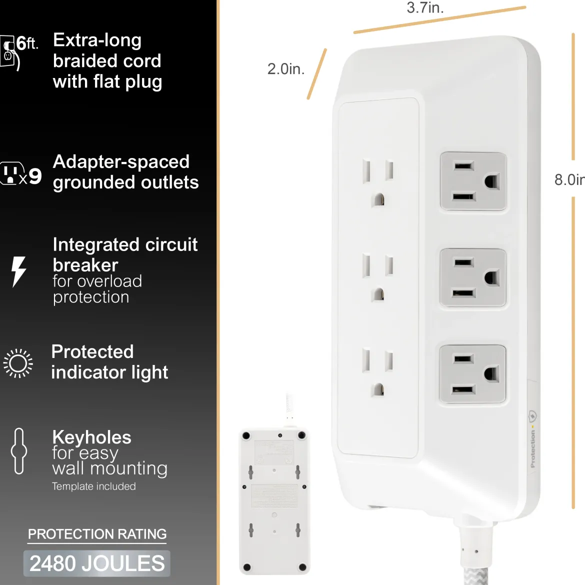 GE-branded 9-Outlet Surge Protector, 2480J, 6ft. Braided Cord, White