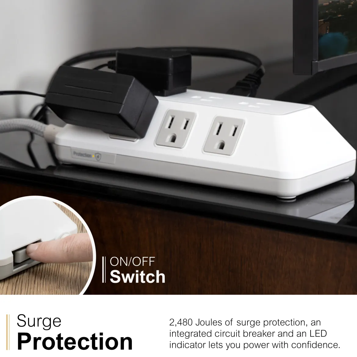 GE-branded 9-Outlet Surge Protector, 2480J, 6ft. Braided Cord, White