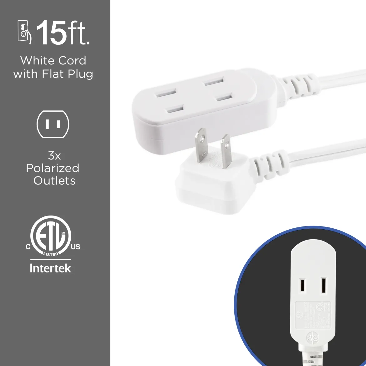 GE-branded UltraPro 3-Outlet Polarized Extension Cord, 15ft., Indoor, White