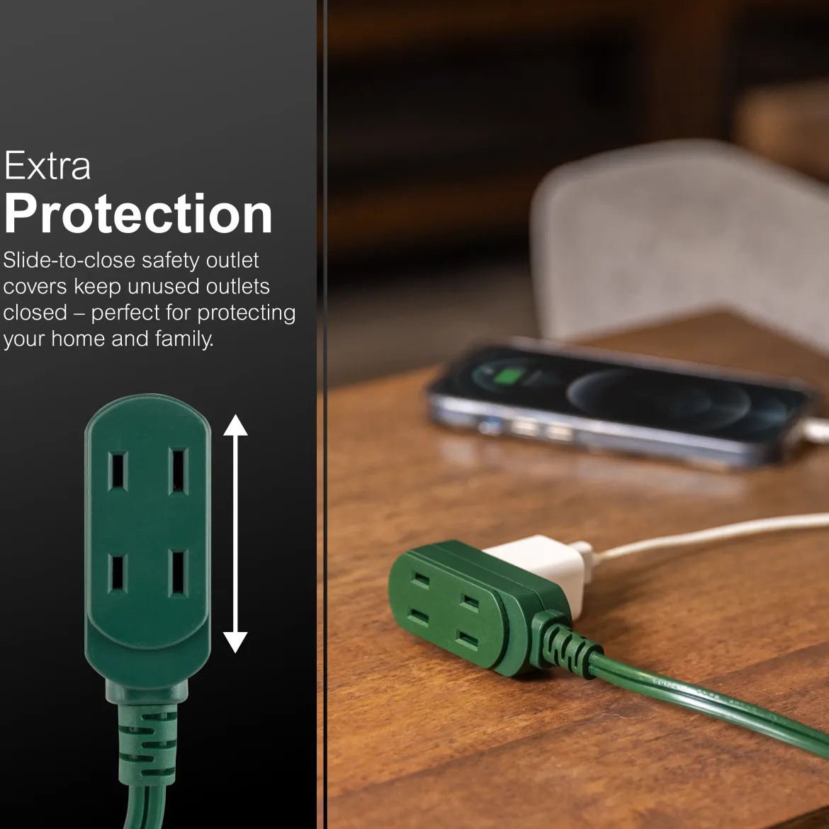 GE-branded UltraPro 3-Outlet Polarized Extension Cord, 15ft., Indoor, Green